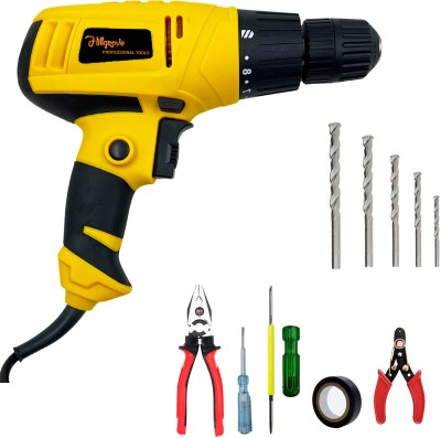 Hillgrove HGCM1182M3 350W Drill Machine with 5Pcs Hand Tool Kit, 5Pcs Masnory Drill Bits for Making Holes in Metal/Wood/Concrete with Reverse Rotation PB8SQ948 Pistol Grip Drill(10 mm Chuck Size)