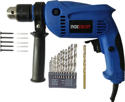 Inditrust 6-Month Warranty 700w Blue Impact drill machine set with 13pc Hss , 1pc Masonry and 5pc Gitti , 5pc Patch set Pistol Grip Drill(13 mm Chuck Size)