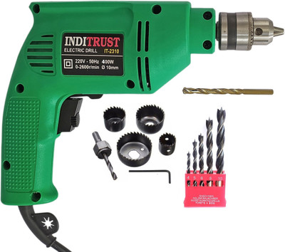 Inditrust 10mm Electric reversible drill machine 400w with 6pc Holesaw 5pc wood 1pc Masonry bit set (Pack of 4) Hammer Drill(10 mm Chuck Size, 400 W)