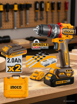 INGCO Driver Kit | 55Nm Torque | 2x 2.0Ah Li-ion Battery & Fast Charger CIDLI20558 Compact Brushless Cordless Impact Drill Cordless Drill(13 mm Chuck Size)