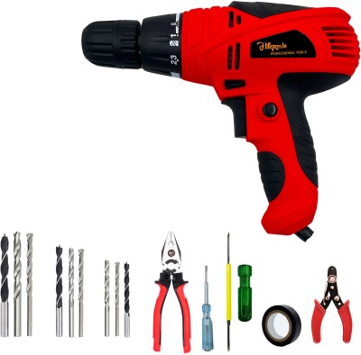 Hillgrove HGCM1195M1 400W Drill Machine with 5Pcs Hand Tool Kit, 9Pcs Drill Bit Set for Making Holes in Metal/Wood/Concrete with Reverse Rotation TMHS943 Pistol Grip Drill(10 mm Chuck Size)