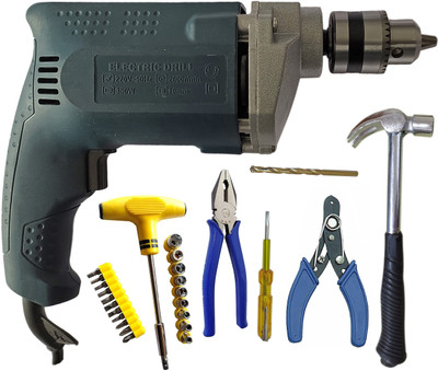 Inditrust new 10mm Heavy Duty 350w Electronic Drill machine with Plier Socket set Tester Masonry bit Hand hammer Wire cutter set (Pack of 7) Pistol Grip Drill(10 mm Chuck Size)