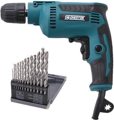 CHESTON 10mm Machine for Home Use | 500W Keyless 2800RPM Variable Speed Reversible | Drill Kit Set with Accessories 13HSS Drill Bit Set Included Pistol Grip Drill(10 mm Chuck Size)
