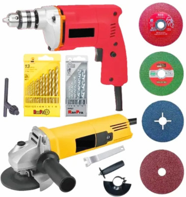 RanPra COMBO OF 10MM DRILL MACHINE AND ANGLE GRINDER WITH 13PCS & 5PCS DRILL BIT SET | 2 REGMAL AND 2 CUTTING BLADE Pistol Grip Drill(10 mm Chuck Size)