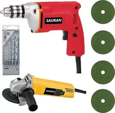 Sauran HEAVY DUTY 10MM DRILL MACHINE WITH 5PCS DRILL BIT & ANGLE GRINDER WITH 4 BLADES Pistol Grip Drill(10 mm Chuck Size)