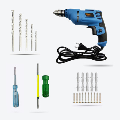 Hillgrove 500W Drill Machine with\ 10Pcs Screws, 10Pcs Plastic Gitti, 5Pcs Masonry Drill Bit Set for Making Holes in Metal/Wood/Concrete with Reverse Rotation HGCM473M1 Pistol Grip Drill(10 mm Chuck Size)