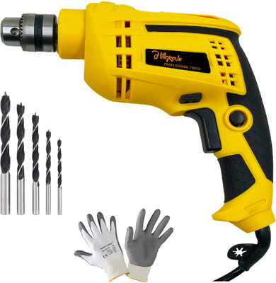 Hillgrove HGCM1128M3 450W Power Drill Machine with Gloves, 5Pcs Wood Drill Bits for Making Holes in Metal/Wood/Concrete with Reverse Rotation and Variable Speed PWD933 Pistol Grip Drill(10 mm Chuck Size)