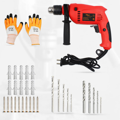 Hillgrove HGCM134M1 700W Drill Machine with 10Pcs Screws, 10Pcs Plastic Gitti, 5Pc Masonry & Metal Drill Bit Set for Making Holes in Metal/Wood/Concrete HGCM134M1 Pistol Grip Drill(13 mm Chuck Size)