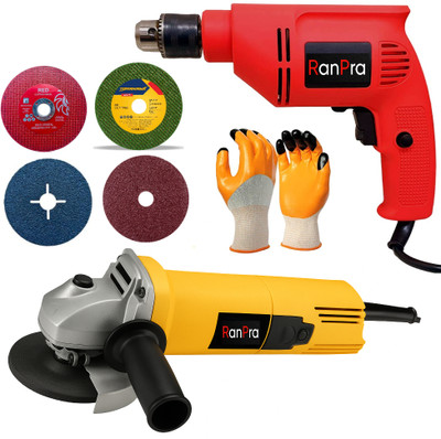 RanPra 10MM DRILL MACHINE |ANGLE GRINDER| CUTTING & GRINDING WHEEL Power & Hand Tool Kit(6 Tools)