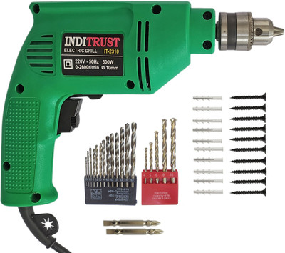 Inditrust New 10mm Reversible Drill Machine 13pc HSS 5pc Masonry 20pc Screw Gitti 2pc Ph2 Power & Hand Tool Kit(6 Tools)
