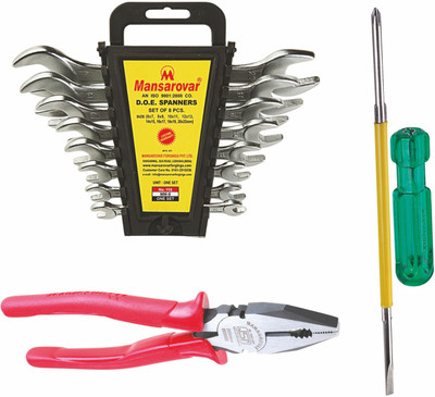 Mansarovar MSK09 Combo/Home/Professional-Plier8 inch/Spanner/ Reversible S.Driver Hand Tool Kit(10 Tools)