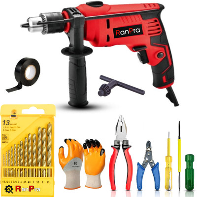 RanPra 13MM HEAVY DUTY HAMMER DRILL MACHINE WITH 13PCS DRILL BIT AND 6 HAND TOOL KIT Power & Hand Tool Kit(8 Tools)
