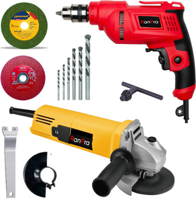 RanPra 10MM DRILL MACHINE| 4INCH ANGLE GRINDER| 5PCS DRILL BIT| 2CUTTING BLADE Power & Hand Tool Kit(5 Tools)