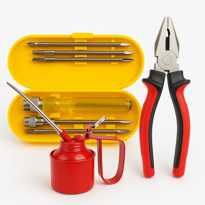 DHATRI TOOLS 5 PCS SCREW DRIVER SET WITH IN BUID TESTER ,8 INCH PLIER,250 ML OIL CAN Hand Tool Kit(7 Tools)
