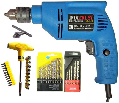 Inditrust 6-Month Warranty 10mm Drill machine & Socket set 13pc Hss and 5pc Masonry bit Power & Hand Tool Kit(4 Tools)
