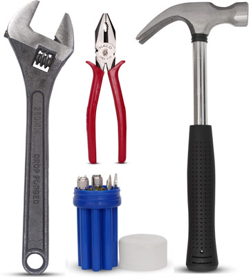 Toolsbae - Hand Tool Set Of 4 - Adjustable Wrench, Plier, 8IN1 Screwdriver & Claw Hammer Hand Tool Kit(4 Tools)