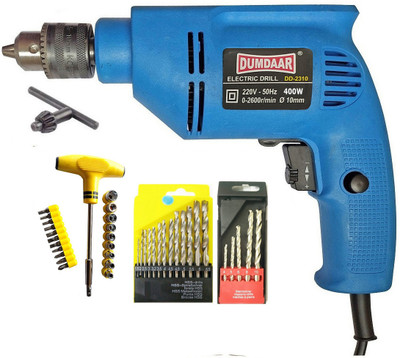 DUMDAAR 6-Month Warranty 10mm Drill machine & Socket set 13pc Hss and 5pc Masonry bit Power & Hand Tool Kit(4 Tools)