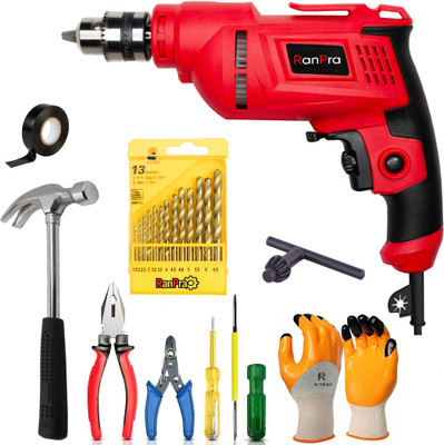 RanPra 10MM DRILL MACHINE WITH HANDTOOL SET & SAFETY GLOVES| 13PCS DRILL BIT Power & Hand Tool Kit(9 Tools)