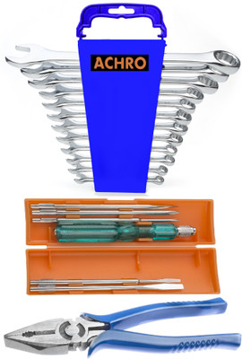 ACHRO 919 Universal Tool Kit Set for Home/Garage/Car/Bike/Industry -Contains 6 Pieces Screwdriver Set + 12 Pieces Combination Spanner Set + 8 inch Combination Plier (Multicolour) - Set of 19 Pieces Hand Tool Kit(19 Tools)