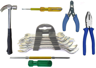 Inditrust Plier Claw Hammer E Tester 2in1 Screwdriver Wire cutter & 8pc Wrench Hand Tool Kit(6 Tools)