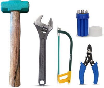 Toolsbae Wooden Hammer 2 LB, Cutter, Hacksaw12 inch, Wrench 200mm & 8in1 Screwdriver. Hand Tool Kit(5 Tools)