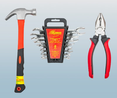 Globus 1608-Hammer(0.40 kg)& Plier 8''(200 mm)&Double Open End Wrench SET/8( 6X7-20X22) Hand Tool Kit(3 Tools)