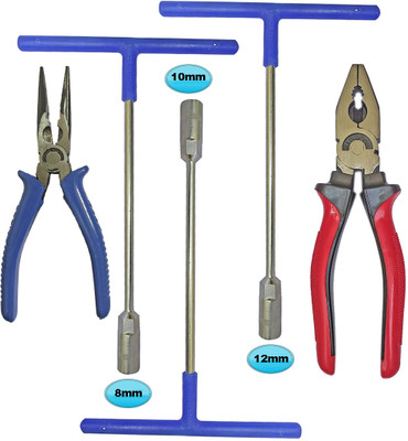 Inditrust 3pc Hex T Socket (8, 10 & 12)mm spaner set with Nose Plier and Plier set Hand Tool Kit(5 Tools)