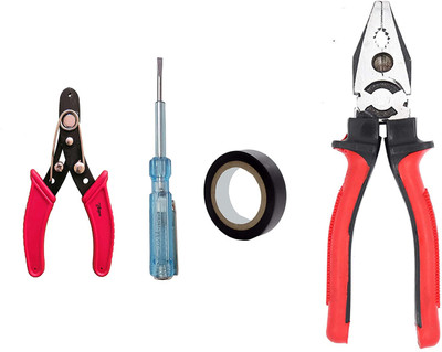 Red Champion Plier, 2in1 Screwdriver Line Tester, Black Tape, and Wire Cutter Hand Tool Kit(4 Tools)