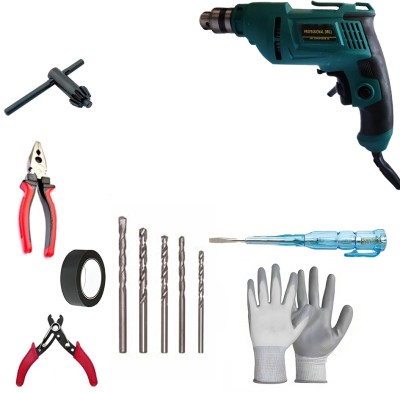 Atrocitus 10mm Drill Machine With MasonryBits,Tester,Tape,wirecutter,Plier,Gloves Power & Hand Tool Kit(12 Tools)