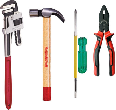 Mansarovar MSK014 Home & Professional-Plier/Reversible Screw Driver/Wrench/Hammer Hand Tool Kit(4 Tools)