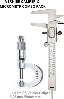 GoodsBazaar 2pc Combo 125 mm Slide Wheel SS Vernier Caliper + 25 mm Micrometer Screw Gauge Mild Steel Chrome Plated Measurement for any Objects Inside, Outside and Depth Micrometer Caliper(0-125 mm)