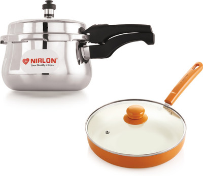 NIRLON Induction Base Triply Belly Outer Lid Pressure Cooker and ceramic Fry Pan 24cm 1.5 L, 2 L Outer Lid Induction Bottom Pressure Cooker(Triply)