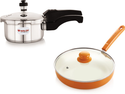 NIRLON Induction Base Triply Outer dome Lid Pressure Cooker and ceramic Fry Pan 24cm 1.5 L, 2 L Outer Lid Induction Bottom Pressure Cooker(Triply)