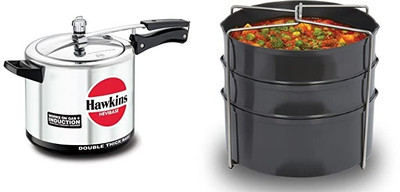 Hawkins Hevibase 6.5L Cooker With HA Three-Dish Set Combo 6.5 L Inner Lid Induction Bottom Pressure Cooker(Aluminium, Hard Anodized)