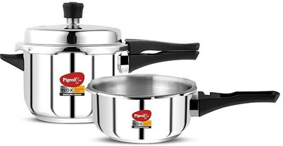Pigeon Inox SS Combo Heavy Cooker Combi Pack (With 1 Common Lid For Both Cookers) 5 L, 3.5 L Outer Lid Induction Bottom Pressure Cooker(Stainless Steel)