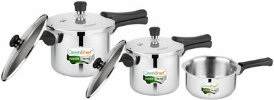 Greenchef Fusion Tri-Ply Pressure Cooker Combo 5 L, 3 L, 2 L Outer Lid Induction Bottom Pressure Cooker & Pressure Pan(Stainless Steel)