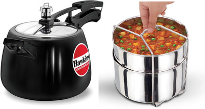 Hawkins Contura 4Ltr Hard Anodized Cooker with 2 DISH STAINLESS STEEL SET 4 L Inner Lid Pressure Cooker(Hard Anodized)
