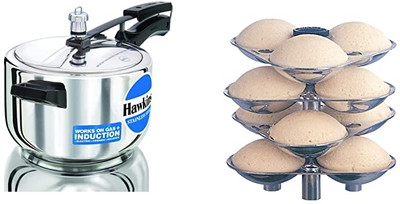Hawkins Stainless Steel 4L Cooker With IDLI STAND Combo 4 L Inner Lid Induction Bottom Pressure Cooker(Stainless Steel, Aluminium)