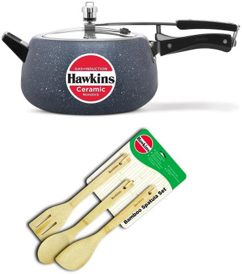 Hawkins Ceramic Nonstick Pressure Cooker 5L (ICC50),BAMBOO SPATULA 3pc SET BSPTL3, 5 L Inner Lid Induction Bottom Pressure Cooker(Aluminium)