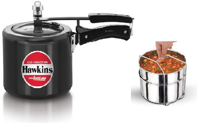 Hawkins Instaa 3 Ltr Black Cooker with SS 2 Dish Set (IIH3T+SDS3) 3 L Inner Lid Induction Bottom Pressure Cooker(Hard Anodized)