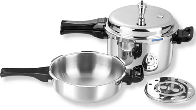 VINOD Platinum Triply Stainless Steel Pressure Cooker Combo Set of 2,Common Lid 2 L, 3 L Outer Lid Induction Bottom Pressure Cooker & Pressure Pan(Stainless Steel)