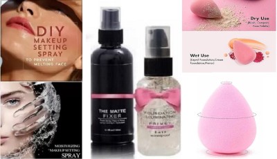 REIMICHI WATER PROOF MAKEUP FIXER, BEAUTY BLENDER AND FACE PRIMER COMBO FOR WOMEN(3 Items in the set)