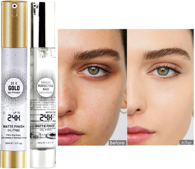 HUZURLU PROFESSIONAL 24K GOLD & SILVER MATTE FINISH MAKEUP BASE PRIMER PACK OF 2 Primer  - 60 ml(TRANSPARENT)