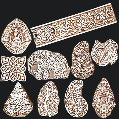 ecofynd Wood Block Stamps Artistic Shapes Craft Kids Saree Border DIY Henna (BLOCK058) Printing Blocks(Pack of 10)