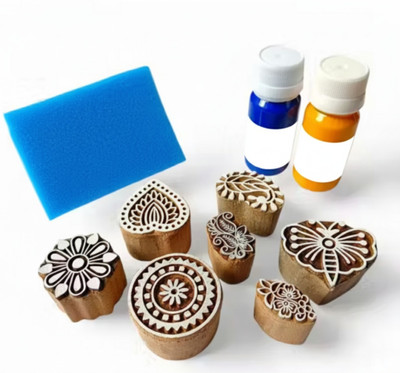 KHUSHA CREATIONS Wooden Printing Block Stamp Set of 10 with Sponge & Colours Printing Blocks(Pack of 10)