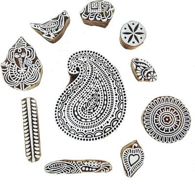 Reniq Wooden Printing Blocks Set Hand Carved Wood Stamp for Fabric Printing Printing Blocks(Pack of 10)