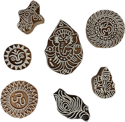 Krafts officially Wooden printing blocks Ganesh ji , Krishan ji , oom ,etc 003 Printing Blocks(Pack of 7)
