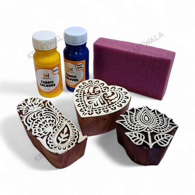 Kraftwala Block Printing Kit | Fabric Colours (Navy Blue & Yellow) | Sheesham Wooden Printing Blocks(Pack of 3)