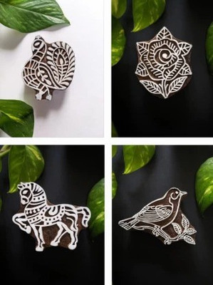 Reniq 154 Hand Carved Fabric Printing Block Wooden Craft Henna Block Printing Blocks(Pack of 4)