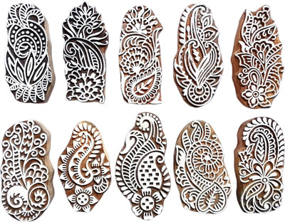 Kraftwala Wooden Stamp DIY Deep Carved Clay Impression Art Craft Printing Blocks(Pack of 10)